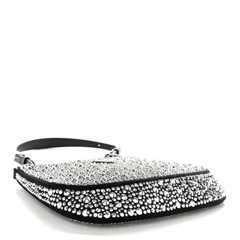 PRADA MEDIUM CLEO ADJUSTABLE STRAP SHOULDER BAG METAL SATIN & CRYSTAL SILVER HARDWARE - Image 6