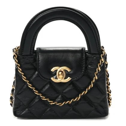CHANEL KELLY SHOPPER NANO BLACK QUILTED SHINY AGED CALFSKIN LEATHER GOLD HARDWARE - BAGS