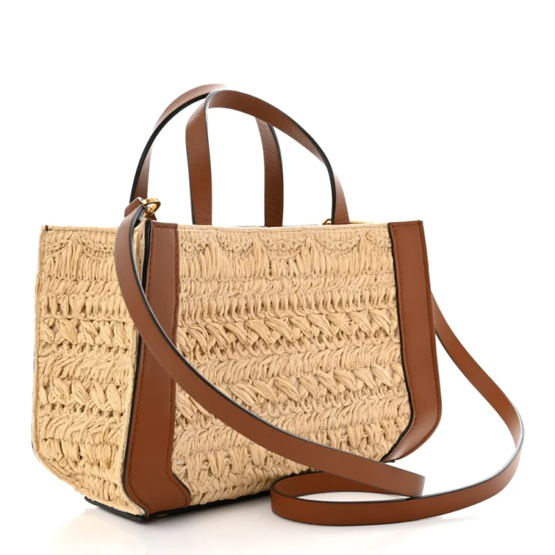 VALENTINO GARAVANI SMALL VLOGO SIGNATURE TOTE NATURAL/SADDLE BROWN RAFFIA & CALFSKIN LEATHER GOLD HARDWARE - Image 3