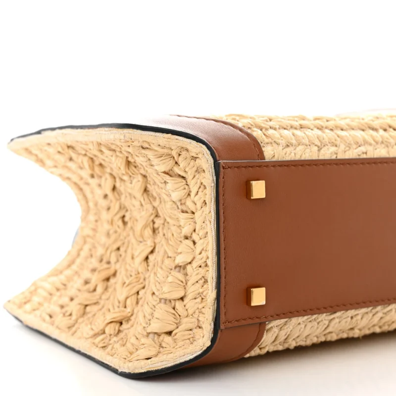 VALENTINO GARAVANI SMALL VLOGO SIGNATURE TOTE NATURAL/SADDLE BROWN RAFFIA & CALFSKIN LEATHER GOLD HARDWARE - Image 4