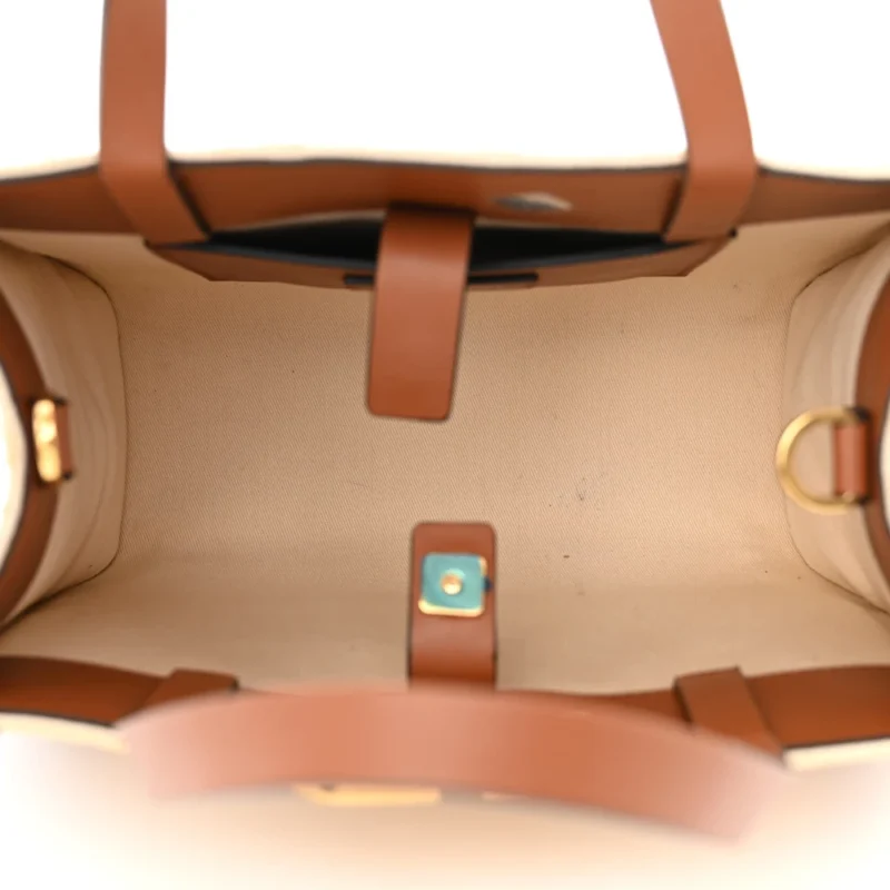 VALENTINO GARAVANI SMALL VLOGO SIGNATURE TOTE NATURAL/SADDLE BROWN RAFFIA & CALFSKIN LEATHER GOLD HARDWARE - Image 7