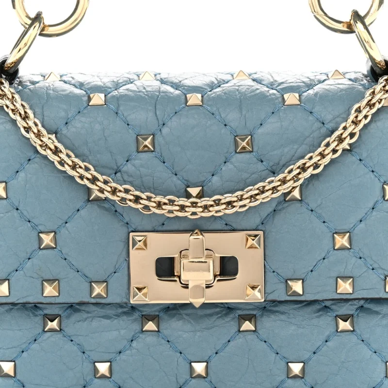 VALENTINO GARAVANI SMALL ROCKSTUD SPIKE SHOULDER BAG AQUA NAPPA LEATHER LIGHT GOLD HARDWARE - Image 8