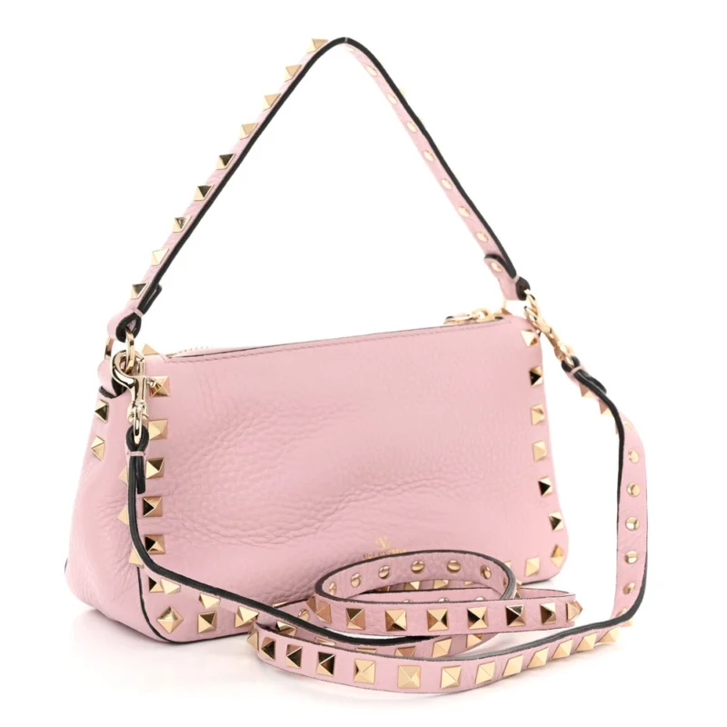 VALENTINO GARAVANI SMALL ROCKSTUD FLIP LOCK SHOULDER BAG WATER ROSE PEBBLED CALFSKIN LEATHER GOLD HARDWARE - Image 3