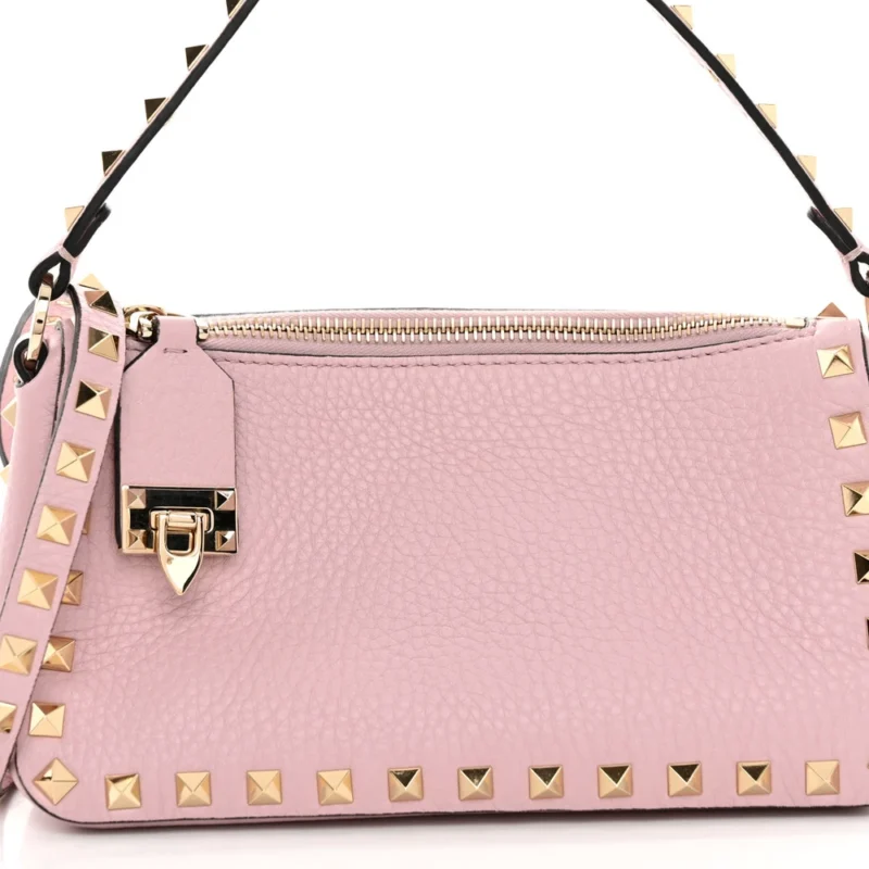 VALENTINO GARAVANI SMALL ROCKSTUD FLIP LOCK SHOULDER BAG WATER ROSE PEBBLED CALFSKIN LEATHER GOLD HARDWARE - Image 8