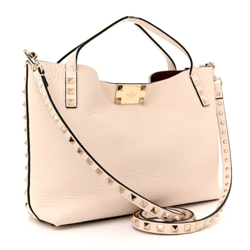 VALENTINO GARAVANI SMALL ROCKSTUD FLIP LOCK TOTE BAG LIGHT IVORY/RUBINO GRAINED CALFSKIN LEATHER GOLD HARDWARE - Image 3