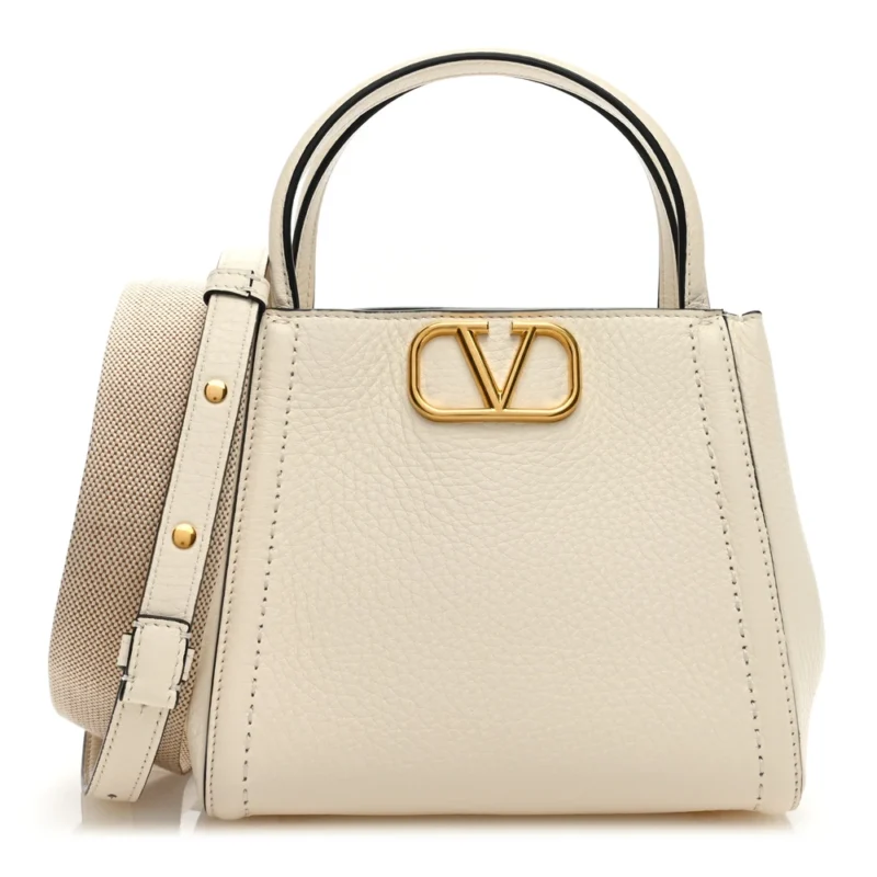 VALENTINO GARAVANI SMALL ALLTIME HANDBAG IVORY SOFT GRAINY CALFSKIN LEATHER GOLD HARDWARE