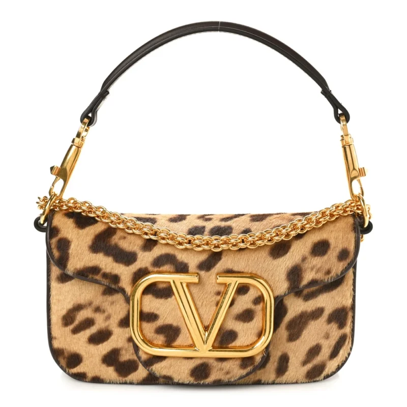 VALENTINO GARAVANI SMALL VLOGO LOC?? SHOULDER BAG BROWN MULTICOLOR PONY HAIR LEOPARD GOLD HARDWARE