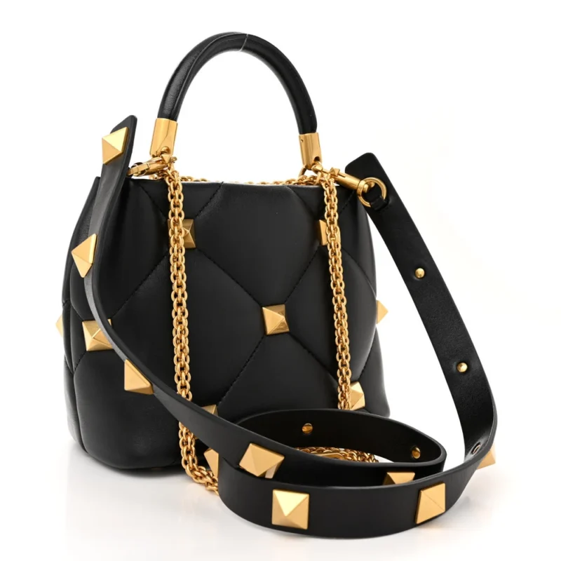 VALENTINO GARAVANI SMALL ROMAN STUD THE HANDLE BAG BLACK NAPPA LEATHER GOLD HARDWARE - Image 3