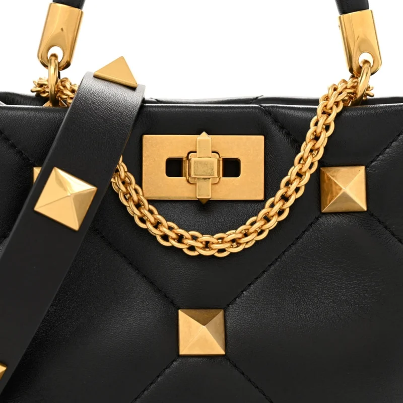 VALENTINO GARAVANI SMALL ROMAN STUD THE HANDLE BAG BLACK NAPPA LEATHER GOLD HARDWARE - Image 9