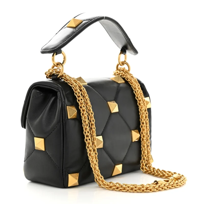 VALENTINO GARAVANI SMALL ROMAN STUD SHOULDER BAG BLACK NAPPA LEATHER BRASS HARDWARE - Image 3