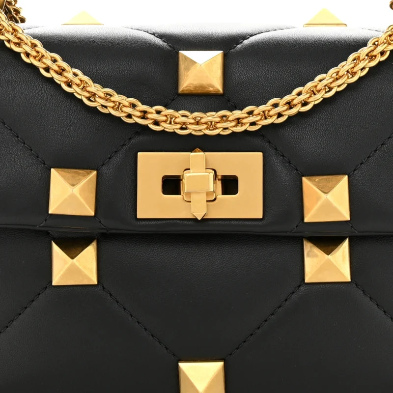 VALENTINO GARAVANI SMALL ROMAN STUD SHOULDER BAG BLACK NAPPA LEATHER BRASS HARDWARE - Image 8