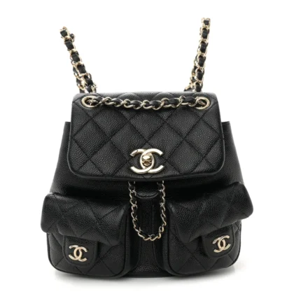 CHANEL DUMA POCKETS DRAWSTRING BACKPACK SMALL BLACK QUILTED SHINY CAVIAR LEATHER LIGHT GOLD HARDWARE