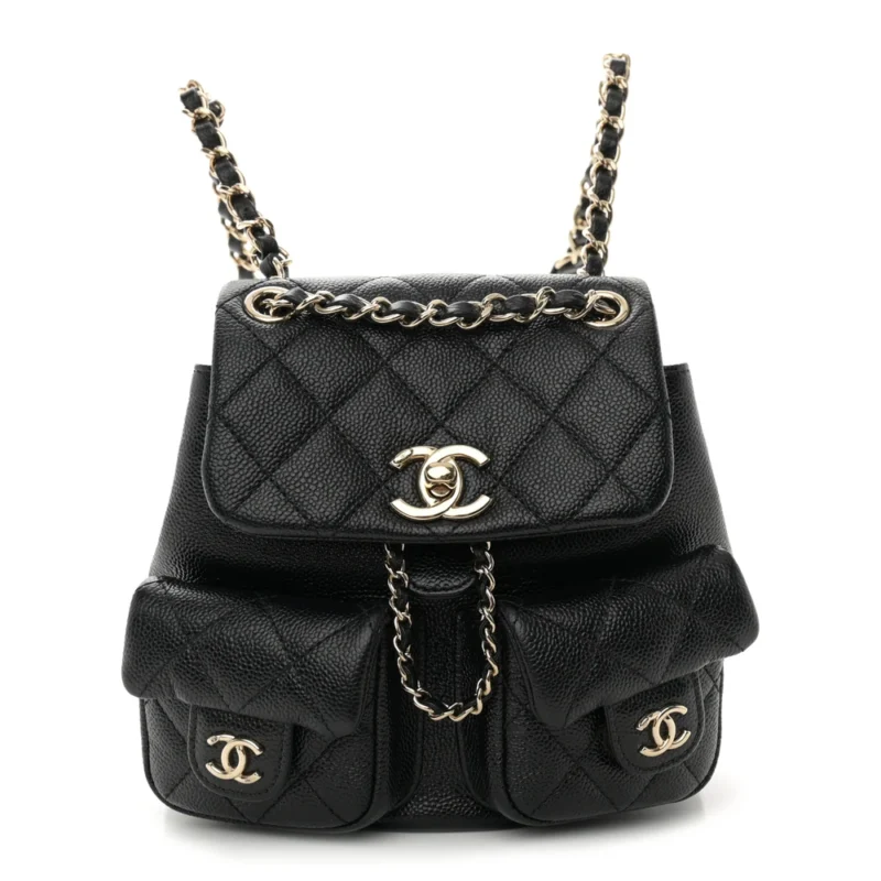 CHANEL DUMA POCKETS DRAWSTRING BACKPACK SMALL BLACK QUILTED SHINY CAVIAR LEATHER LIGHT GOLD HARDWARE