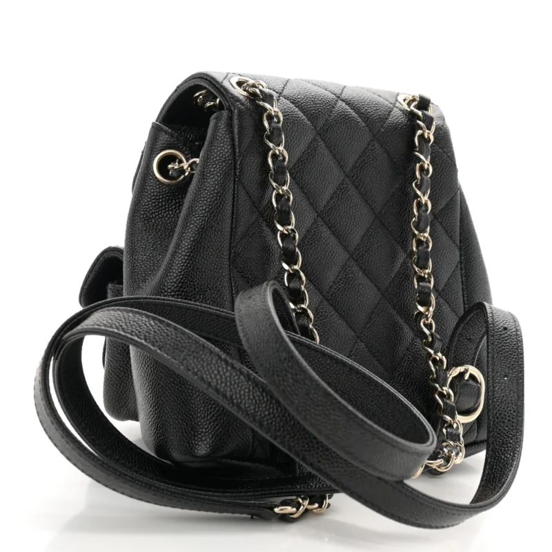 CHANEL DUMA POCKETS DRAWSTRING BACKPACK SMALL BLACK QUILTED SHINY CAVIAR LEATHER LIGHT GOLD HARDWARE - Image 3