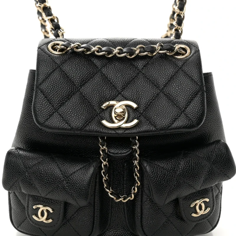 CHANEL DUMA POCKETS DRAWSTRING BACKPACK SMALL BLACK QUILTED SHINY CAVIAR LEATHER LIGHT GOLD HARDWARE - Image 8