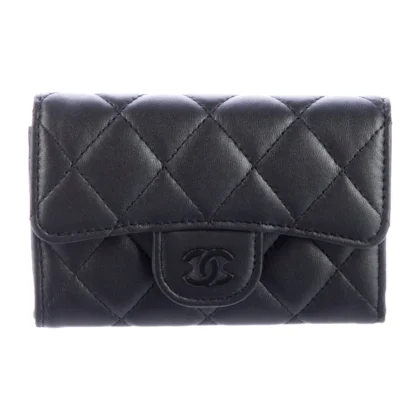 CHANEL SMALL CARD HOLDER FLAP TRIFOLD WALLET BLACK QUILTED LEATHER