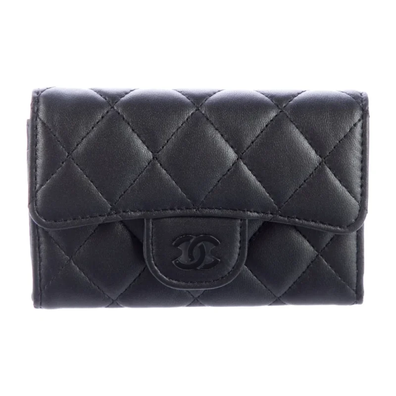 CHANEL SMALL CARD HOLDER FLAP TRIFOLD WALLET BLACK QUILTED LEATHER