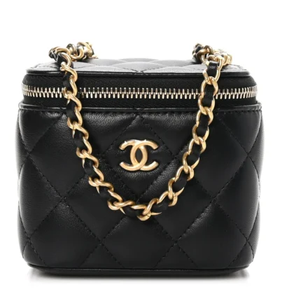 CHANEL PEARL CRUSH VANITY CASE WITH CHAIN MINI BLACK QUILTED LAMBSKIN LEATHER GOLD HARDWARE