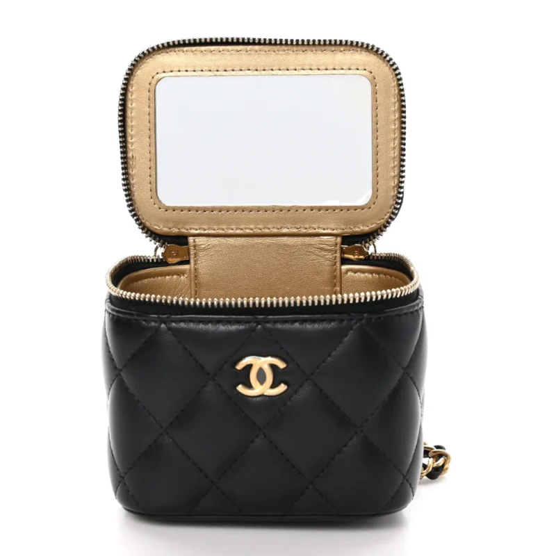 CHANEL PEARL CRUSH VANITY CASE WITH CHAIN MINI BLACK QUILTED LAMBSKIN LEATHER GOLD HARDWARE - Image 7