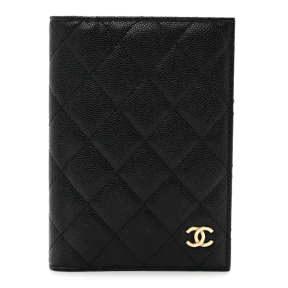 CHANEL PASSPORT HOLDER SMALL BLACK QUILTED CAVIAR LEATHER GOLD HARDWARE