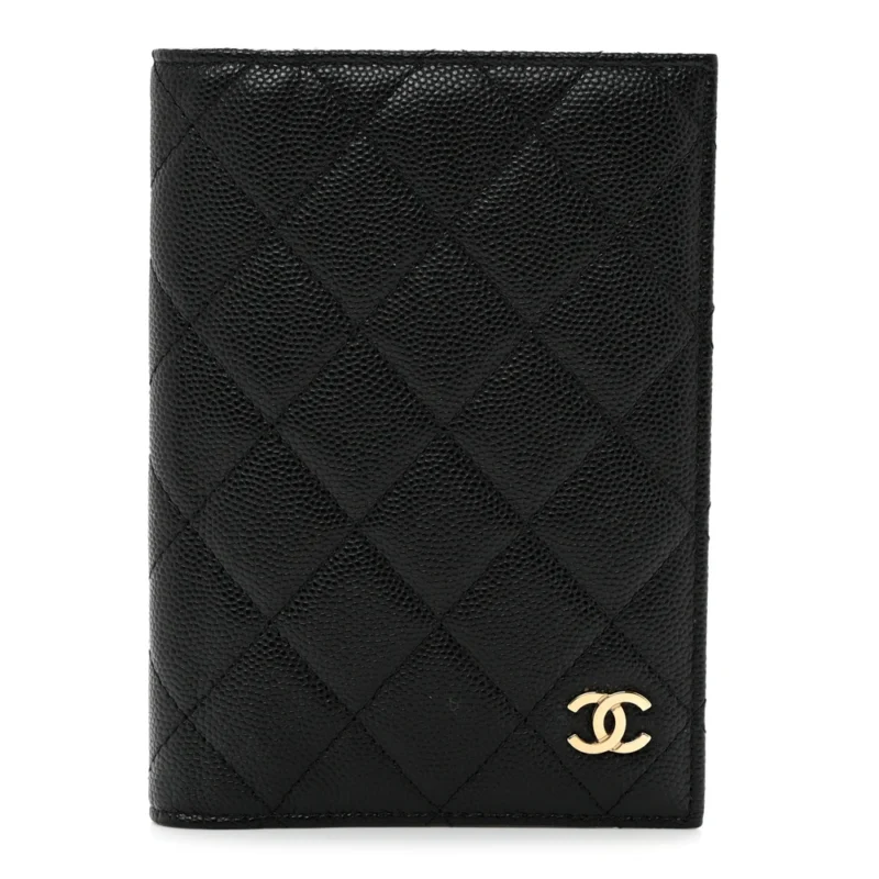CHANEL PASSPORT HOLDER SMALL BLACK QUILTED CAVIAR LEATHER GOLD HARDWARE