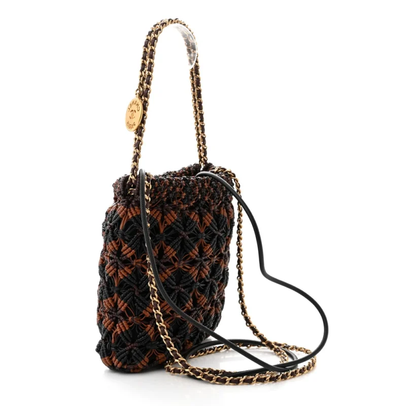 CHANEL MINI BLACK / LIGHT BROWN / BURGUNDY CHANEL 22 CALFSKIN LEATHER MACRAME AGED GOLD HARDWARE - Image 3