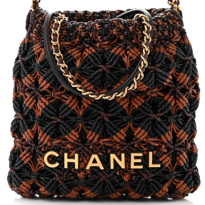 CHANEL MINI BLACK / LIGHT BROWN / BURGUNDY CHANEL 22 CALFSKIN LEATHER MACRAME AGED GOLD HARDWARE - Image 8