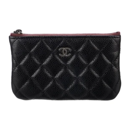 CHANEL MEDIUM INTERLOCKING CC LOGO WALLET BLACK QUILTED CAVIAR LEATHER SILVER HARDWARE