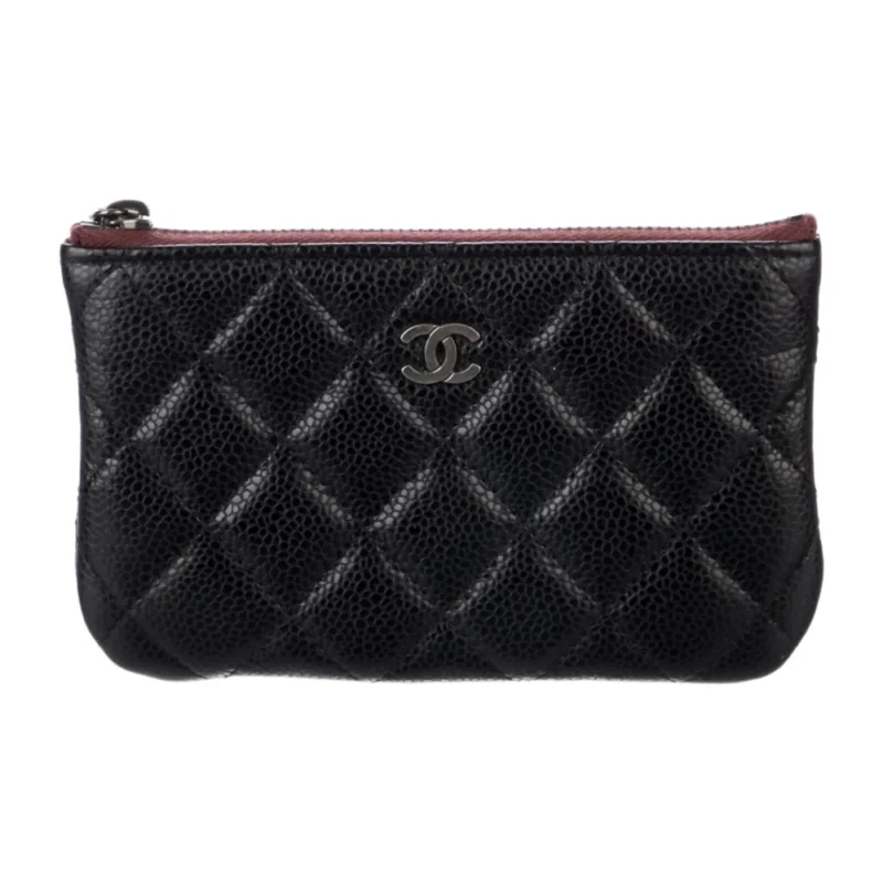 CHANEL MEDIUM INTERLOCKING CC LOGO WALLET BLACK QUILTED CAVIAR LEATHER SILVER HARDWARE