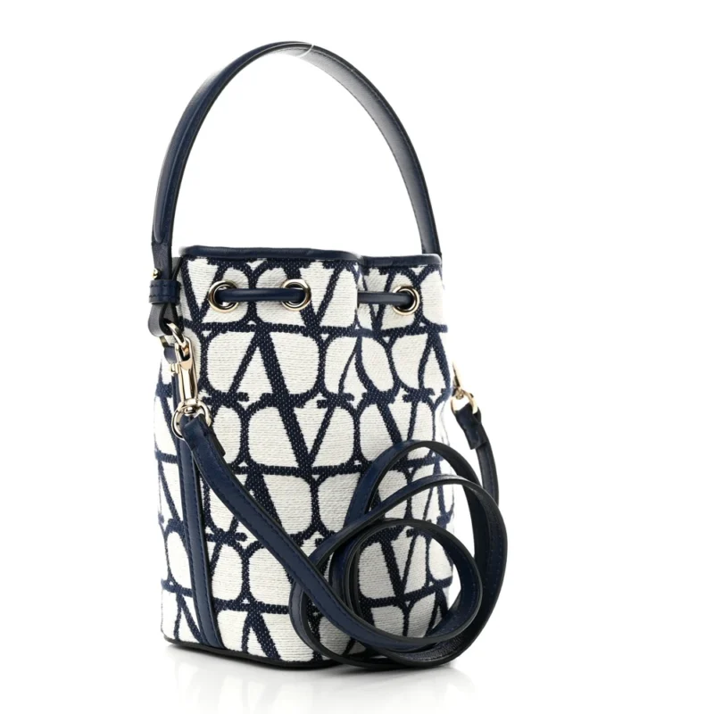 VALENTINO GARAVANI MINI VLOGO SIGNATURE BUCKET BAG WHITE/WORKER TOILE ICONOGRAPHE NAPPA LEATHER GOLD HARDWARE - Image 3