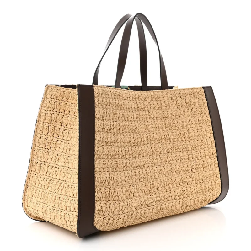 VALENTINO GARAVANI MEDIUM VLOGO TOTE NATURALE/FONDANT RAFFIA & CALFSKIN LEATHER GOLD HARDWARE - Image 3