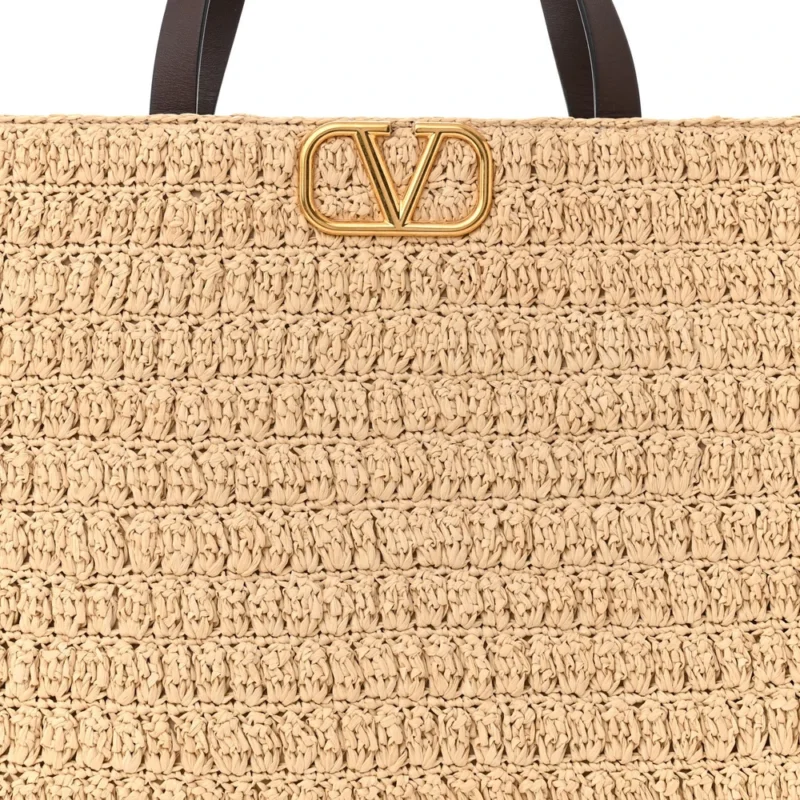 VALENTINO GARAVANI MEDIUM VLOGO TOTE NATURALE/FONDANT RAFFIA & CALFSKIN LEATHER GOLD HARDWARE - Image 8