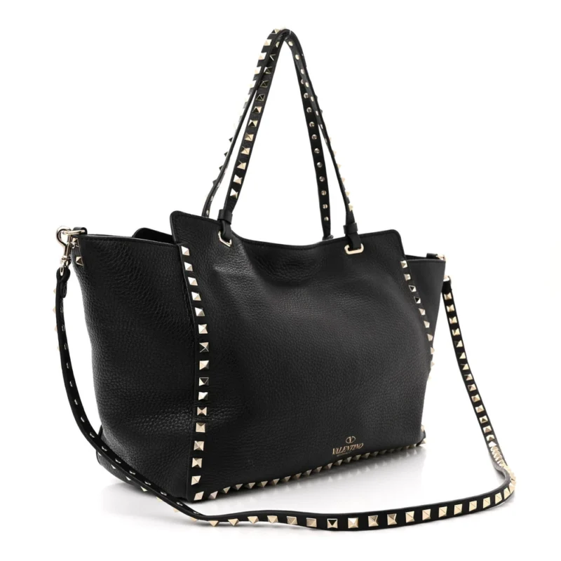 VALENTINO GARAVANI MEDIUM ROCKSTUD TOTE BLACK PEBBLED CALFSKIN LEATHER GOLD HARDWARE - Image 3