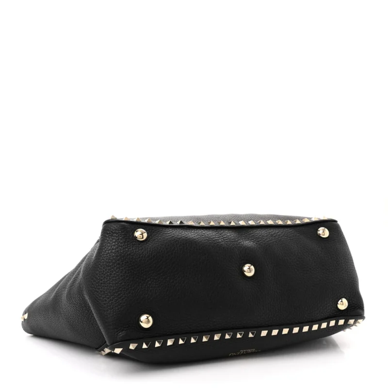 VALENTINO GARAVANI MEDIUM ROCKSTUD TOTE BLACK PEBBLED CALFSKIN LEATHER GOLD HARDWARE - Image 6