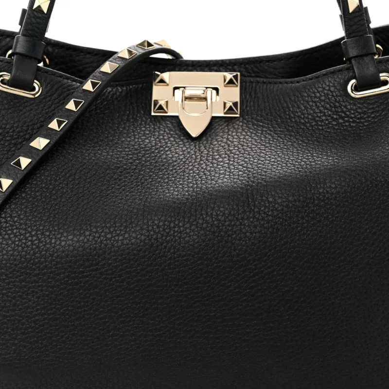 VALENTINO GARAVANI MEDIUM ROCKSTUD TOTE BLACK PEBBLED CALFSKIN LEATHER GOLD HARDWARE - Image 10