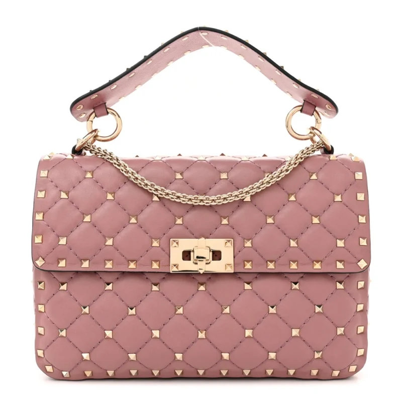 VALENTINO GARAVANI MEDIUM ROCKSTUD SPIKE SHOULDER BAG ANTIQUE ROSE LAMBSKIN LEATHER LIGHT GOLD HARDWARE