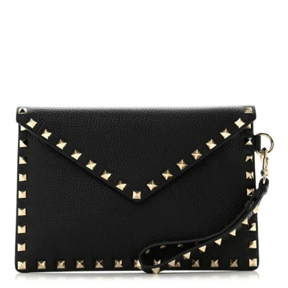 VALENTINO GARAVANI MEDIUM ROCKSTUD ENVELOPE FLAT WRISTLET POUCH BLACK PEBBLED CALFSKIN LEATHER LIGHT GOLD HARDWARE