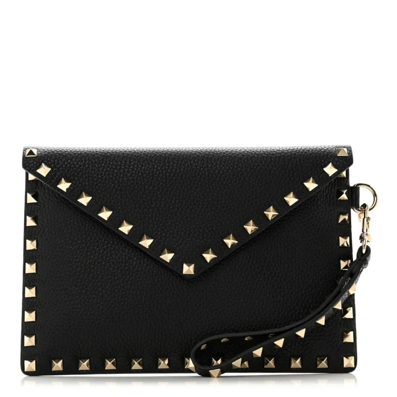 VALENTINO GARAVANI MEDIUM ROCKSTUD ENVELOPE FLAT WRISTLET POUCH BLACK PEBBLED CALFSKIN LEATHER LIGHT GOLD HARDWARE