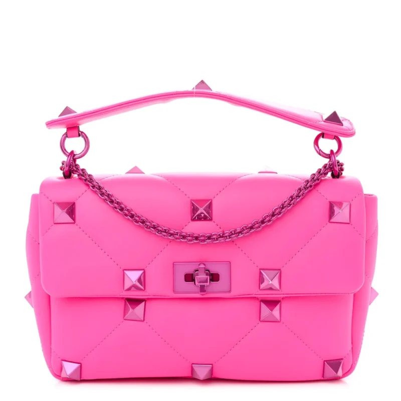 VALENTINO GARAVANI LARGE ROMAN STUD SHOULDER BAG PINK PP LACQUER MONOCHROME NAPPA LEATHER INCOGNITO HARDWARE