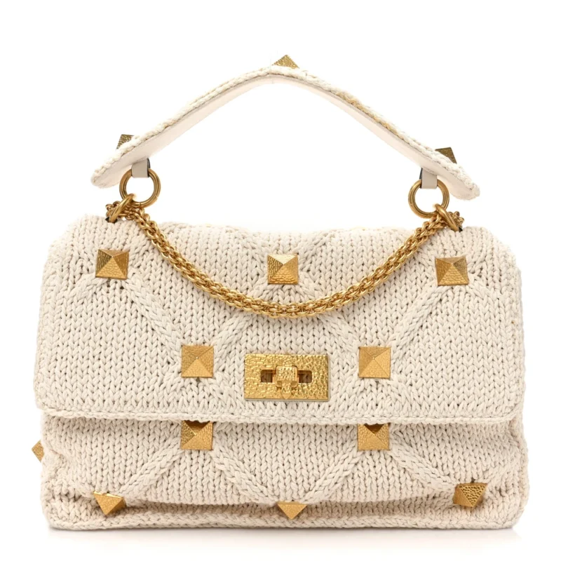 VALENTINO GARAVANI LARGE ROMAN STUD SHOULDER BAG ECRU KNIT GOLD HARDWARE