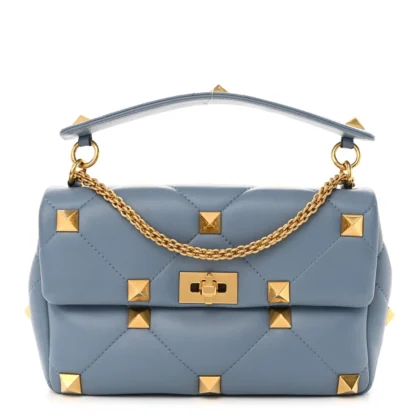 VALENTINO GARAVANI LARGE ROMAN STUD SHOULDER BAG NIAGARA NAPPA LEATHER GOLD HARDWARE