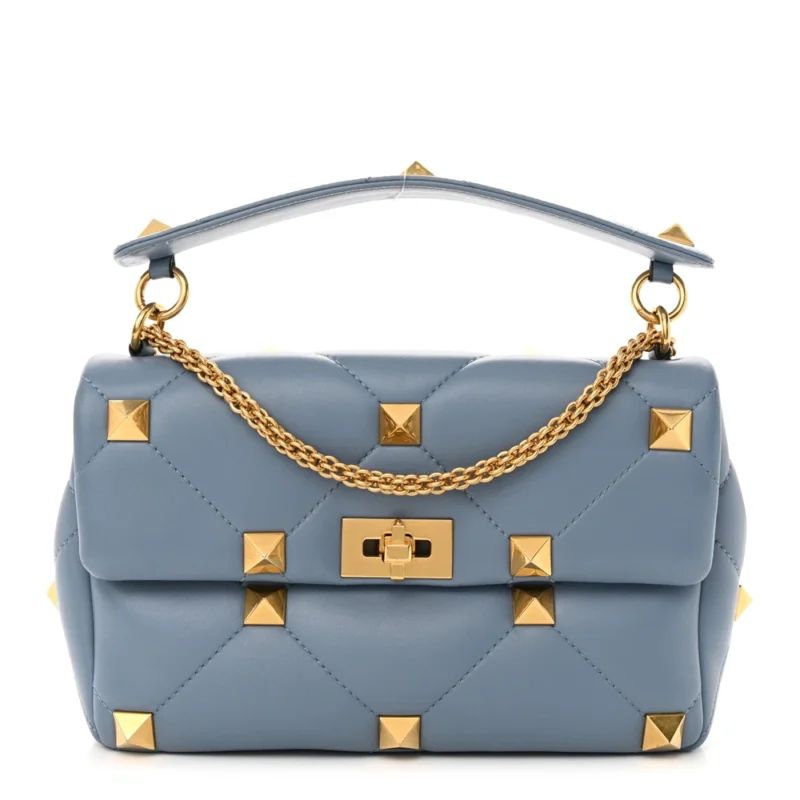 VALENTINO GARAVANI LARGE ROMAN STUD SHOULDER BAG NIAGARA NAPPA LEATHER GOLD HARDWARE