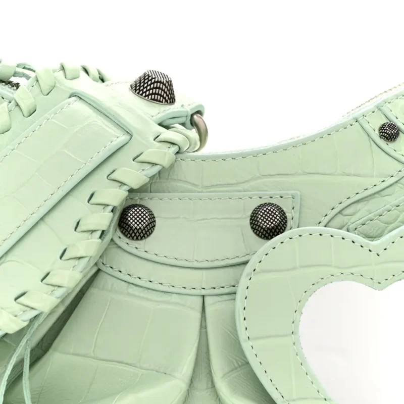 BALENCIAGA XS LE CAGOLE SHOULDER BAG LIGHT GREEN CROCODILE EMBOSSED EXTRA SUPPLE CALFSKIN LEATHER BLACK HARDWARE - Image 9