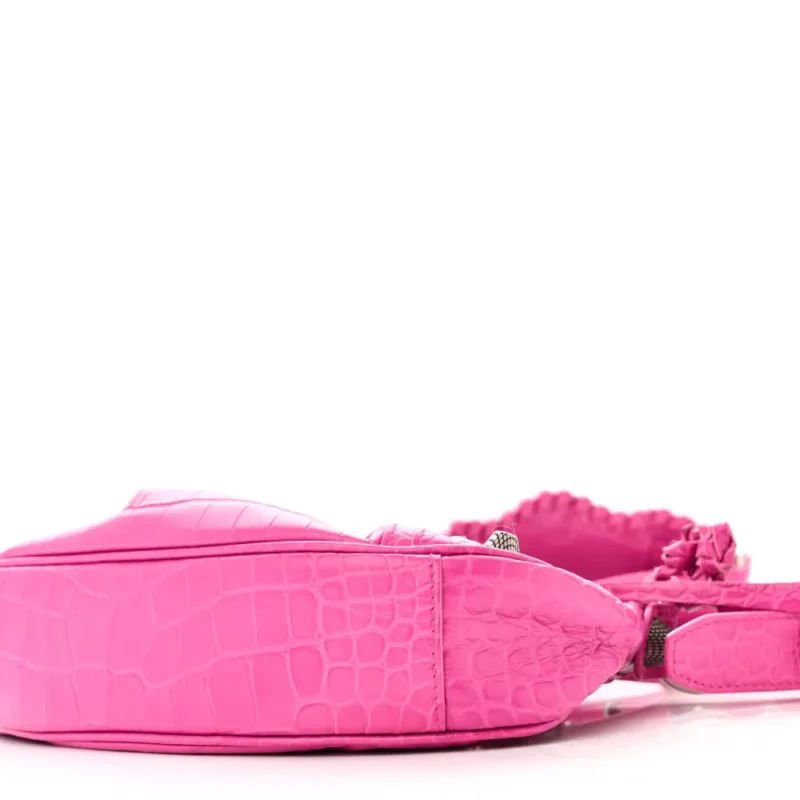 BALENCIAGA XS LE CAGOLE SHOULDER BAG LIPSTICK PINK CROCODILE EXTRA EMBOSSED SUPPLE CALFSKIN LEATHER SILVER HARDWARE - Image 4