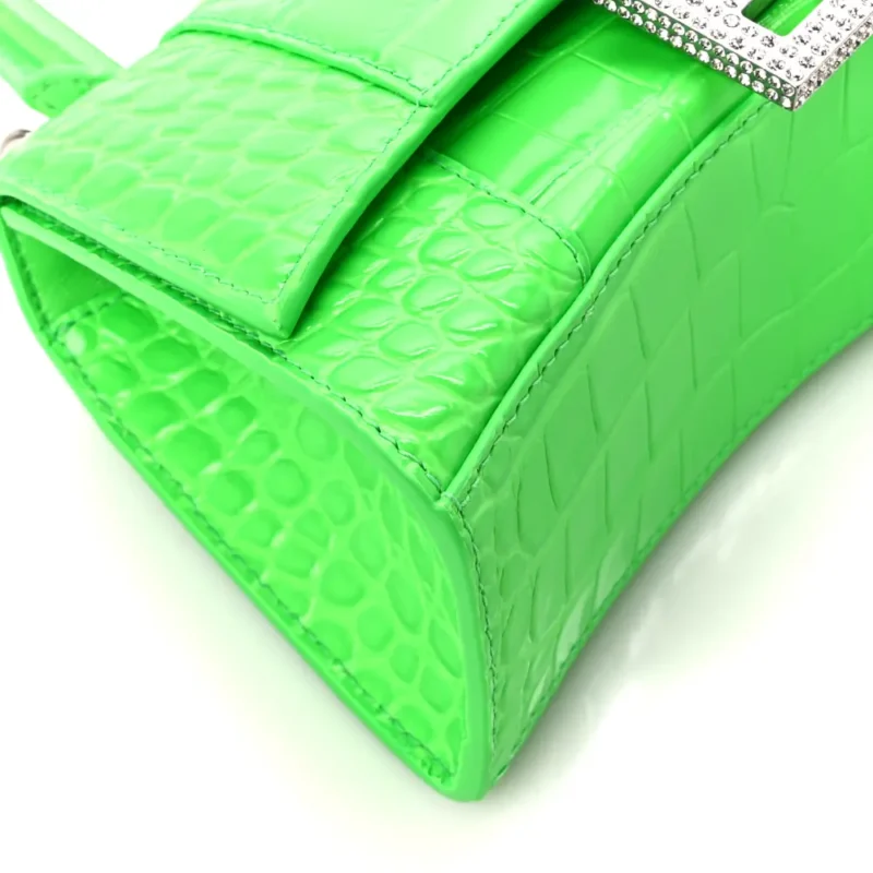 BALENCIAGA XS HOURGLASS TOP HANDLE BAG FLUO GREEN STRASS CROCODILE EMBOSSED SHINY CALFSKIN LEATHER SILVER HARDWARE - Image 5