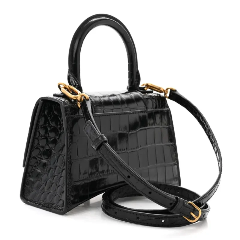 BALENCIAGA XS HOURGLASS TOP HANDLE BAG BLACK CROCODILE EMBOSSED SHINY CALFSKIN LEATHER GOLD HARDWARE - Image 3