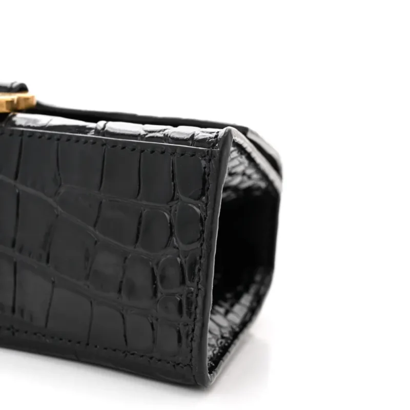 BALENCIAGA XS HOURGLASS TOP HANDLE BAG BLACK CROCODILE EMBOSSED SHINY CALFSKIN LEATHER GOLD HARDWARE - Image 4