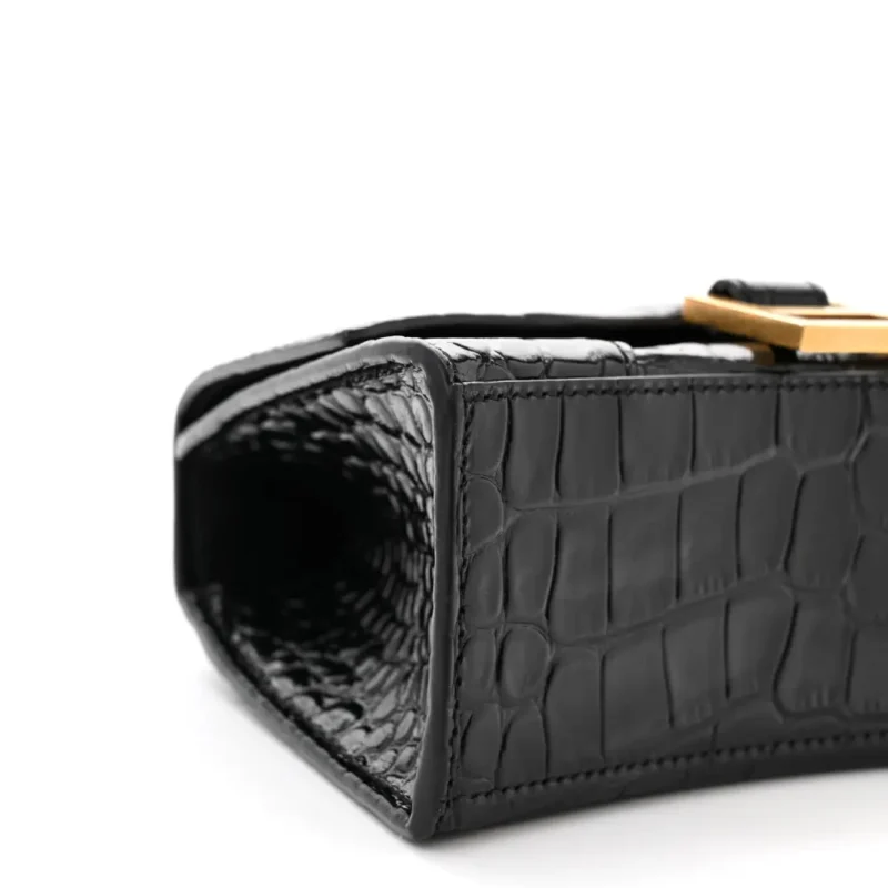 BALENCIAGA XS HOURGLASS TOP HANDLE BAG BLACK CROCODILE EMBOSSED SHINY CALFSKIN LEATHER GOLD HARDWARE - Image 5