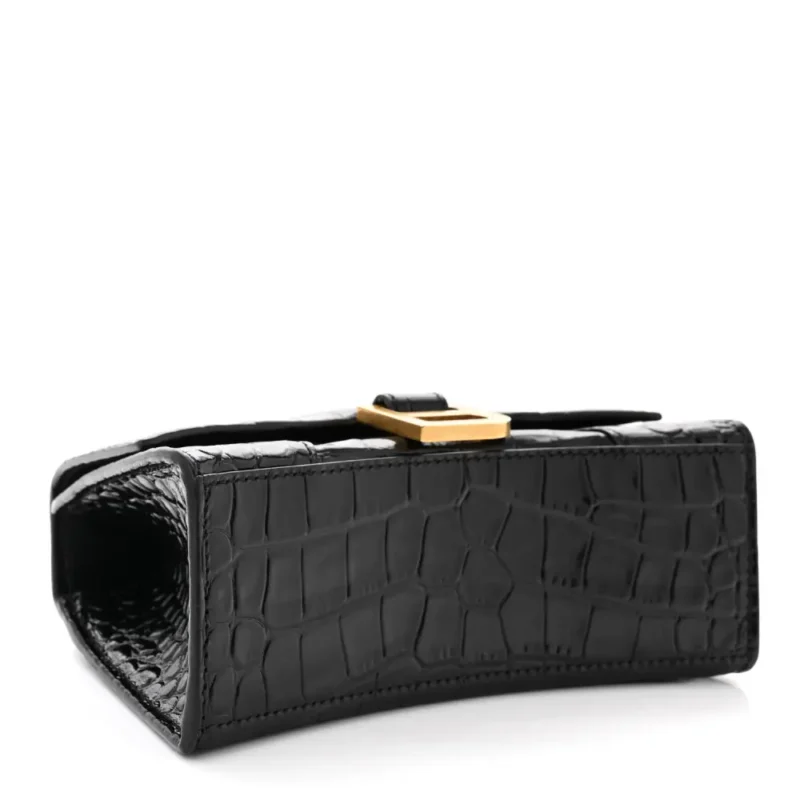 BALENCIAGA XS HOURGLASS TOP HANDLE BAG BLACK CROCODILE EMBOSSED SHINY CALFSKIN LEATHER GOLD HARDWARE - Image 6
