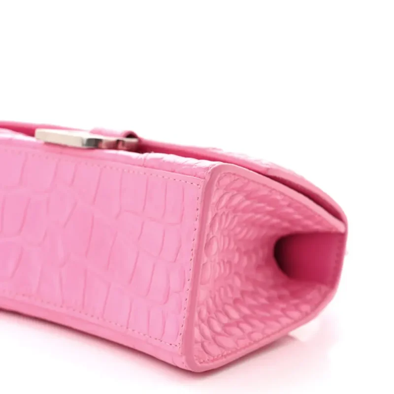 BALENCIAGA XS HOURGLASS TOP HANDLE BAG BABY PINK CROCODILE EMBOSSED SHINY CALFSKIN LEATHER SILVER HARDWARE - Image 4